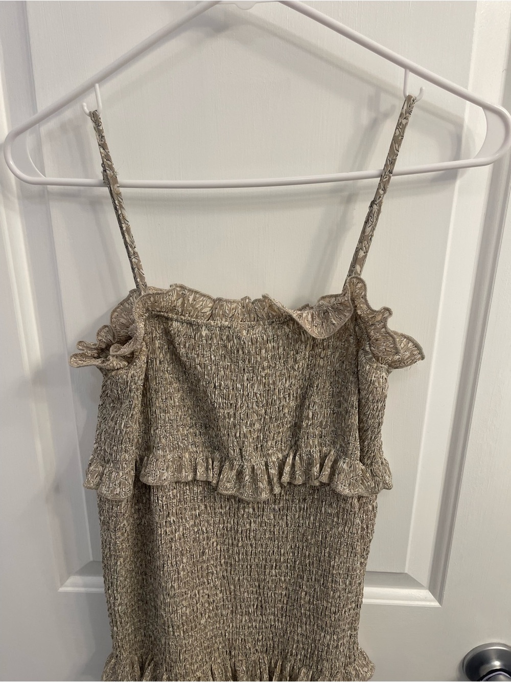 Smocked Tiered Midi Dress in Tan with Ruffle Accents - Picture 3 of 5